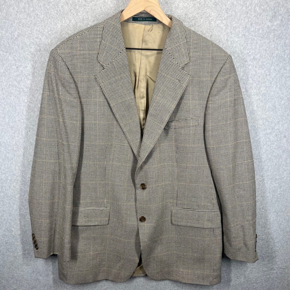 Lauren Ralph Lauren Blazer Mens 44T Tan Houndstooth Silk Wool Blend Two Button